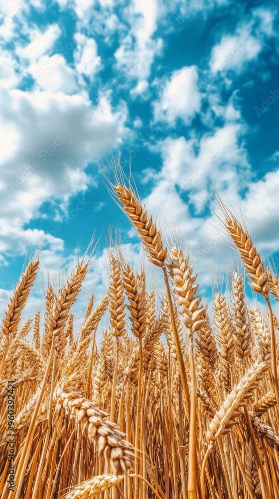 Fototapeta premium Golden Wheat Fields Swaying in Autumn Breeze: Picturesque Rural Landscape Heralds Bountiful Harvest Season. Symbolic Imagery of Agricultural Abundance, Changing Seasons, and Farmer's Renewed Hope. AI-