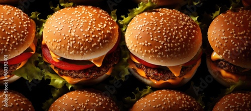 Delicious burgers and tasty cheeseburgers with lettuce, tomato, onion, cheesse and sesame seed buns. Fast food background. photo