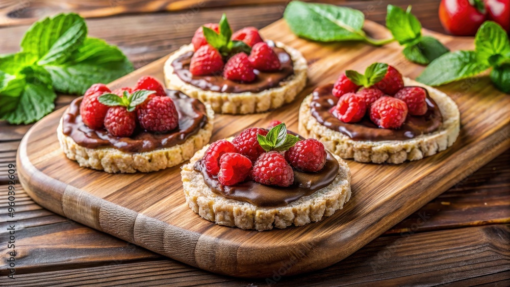 Rice cakes with chocolate nut paste spread, raspberries, and strawberries on a cutting board with copy space Rice cakes with chocolate nut paste spread, raspberries, and strawberries on a cutting board with copy space