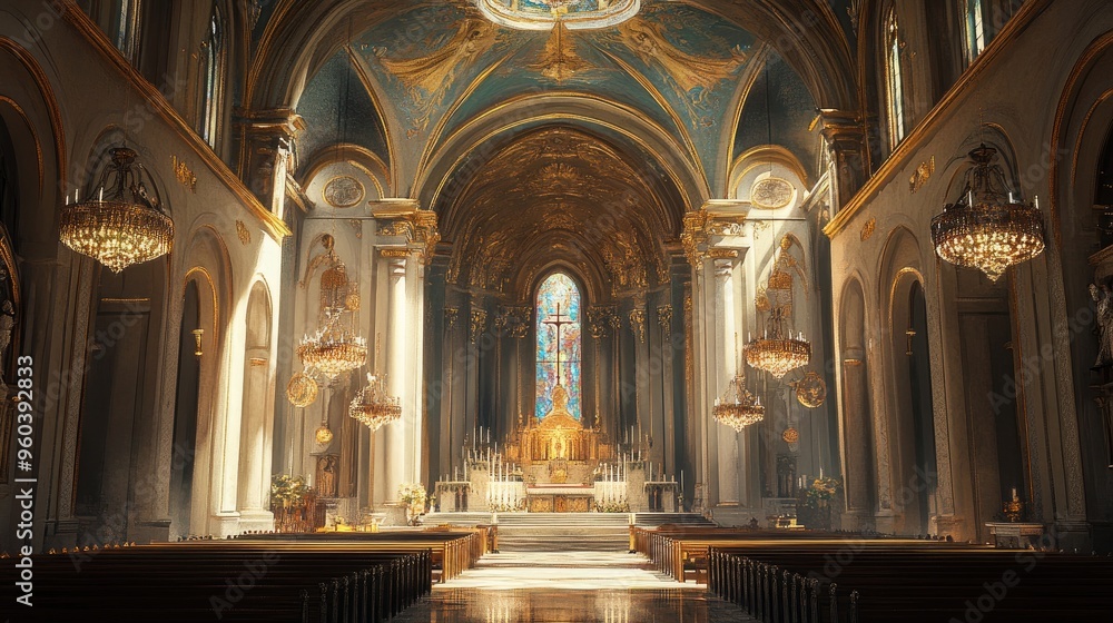Fototapeta premium A church interior with ornate chandeliers, high ceilings, and a central aisle leading to the altar.