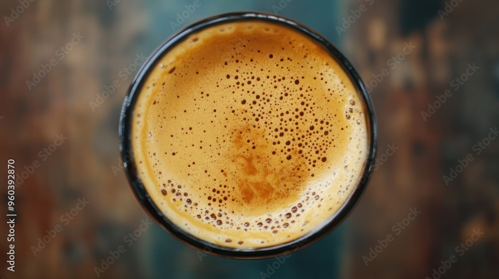 A top-down view of a cup of Vietnamese egg coffee, with its creamy, frothy top and dark coffee beneath A top-down view of a cup of Vietnamese egg coffee, with its creamy, frothy top and dark coffee beneath