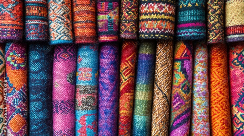 Close-up view of Peruvian fabric patterns in high resolution, highlighting detailed motifs and textures for use in textiles or wallpaper Close-up view of Peruvian fabric patterns in high resolution, highlighting detailed motifs and textures for use in textiles or wallpaper