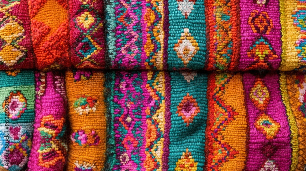 Close-up view of Peruvian fabric patterns in high resolution, highlighting detailed motifs and textures for use in textiles or wallpaper Close-up view of Peruvian fabric patterns in high resolution, highlighting detailed motifs and textures for use in textiles or wallpaper
