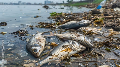 Obraz na płótnie Because of the pollution in the water dead fish are left on the shore w salonie