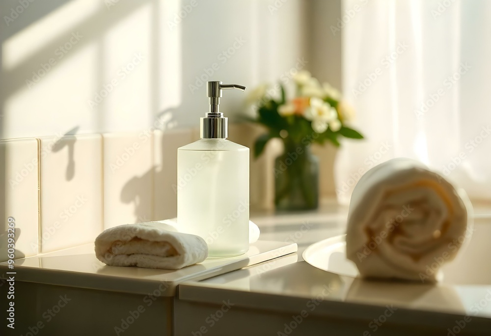 An elegant bathroom scene with a frosted glass soap dispenser on a tiled countertop create with ai An elegant bathroom scene with a frosted glass soap dispenser on a tiled countertop create with ai
