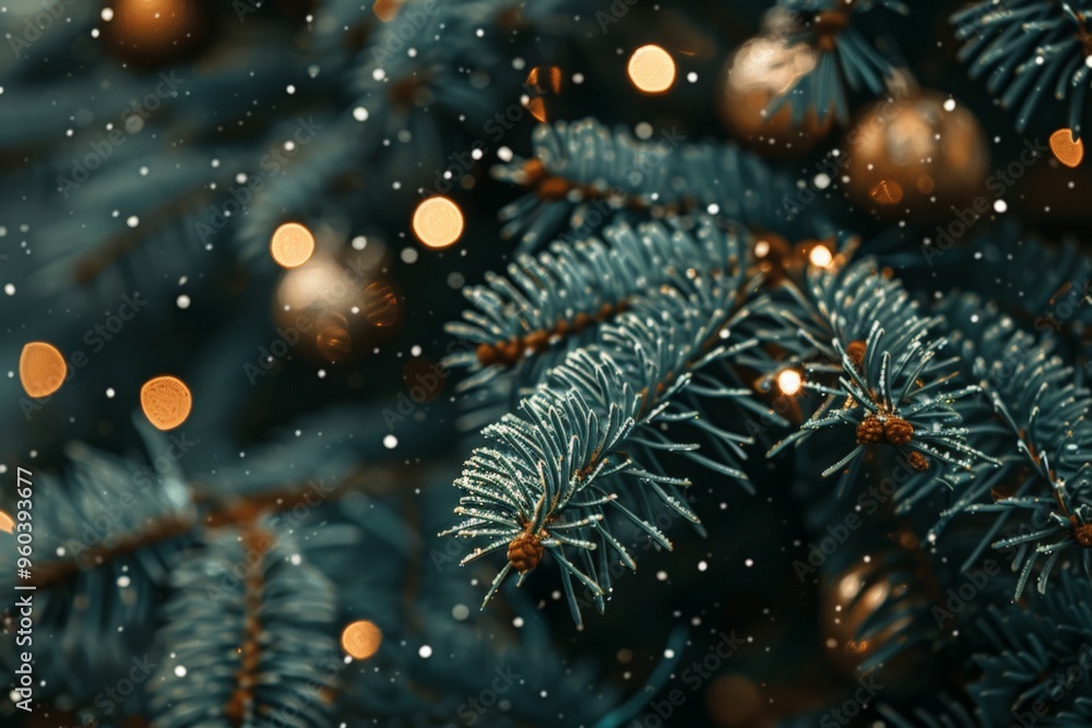 Close-up of snow-dusted pine branches with glowing bokeh lights, capturing a serene winter holiday atmosphere. Close-up of snow-dusted pine branches with glowing bokeh lights, capturing a serene winter holiday atmosphere.