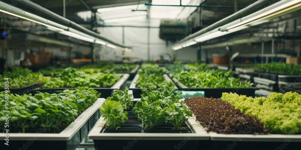 Rows of fresh greens in a hydroponic farm. Rows of fresh greens in a hydroponic farm.