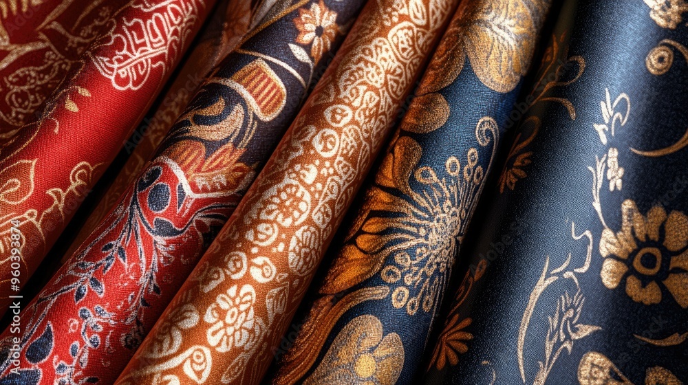 Digital rendering of traditional Indonesian fabric patterns with a focus on elaborate designs and rich color schemes for high-quality prints Digital rendering of traditional Indonesian fabric patterns with a focus on elaborate designs and rich color schemes for high-quality prints