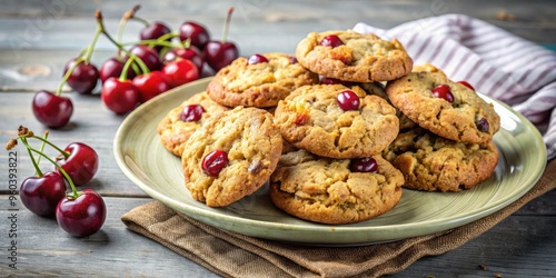 Plate of homemade oaty cherry cookies, fresh and delicious