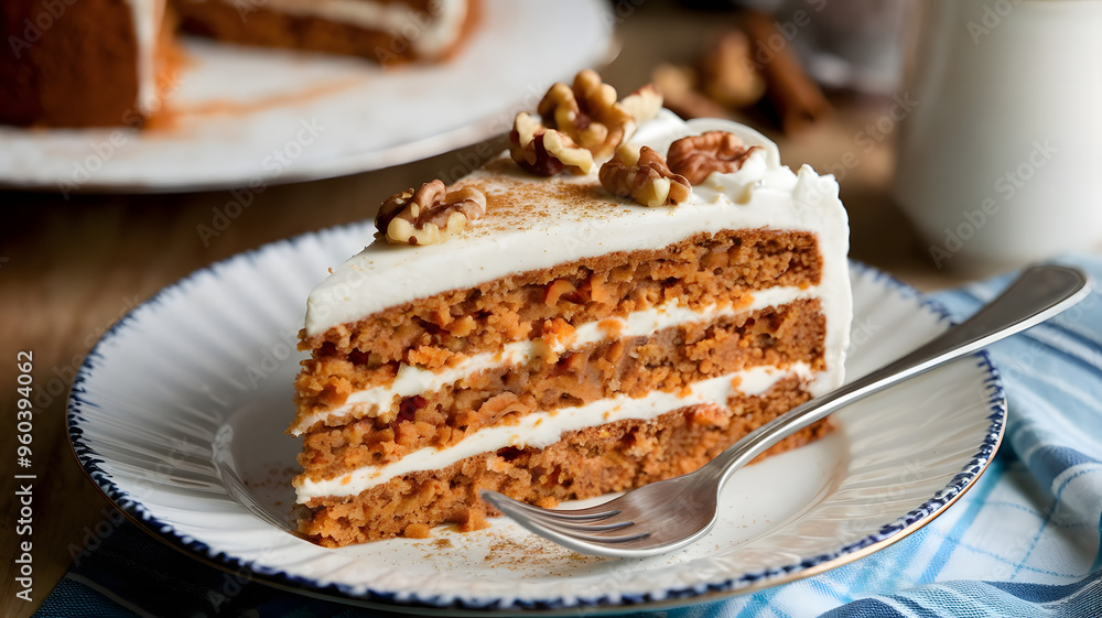 A slice of carrot cake with cream cheese frosting, garnished with chopped walnuts and a sprinkle of cinnamon, served on a white dessert plate. A slice of carrot cake with cream cheese frosting, garnished with chopped walnuts and a sprinkle of cinnamon, served on a white dessert plate.
