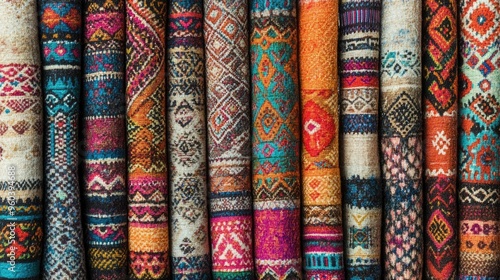 High-resolution depiction of Peruvian fabric patterns featuring traditional elements and rich textures, suitable for decorative purposes