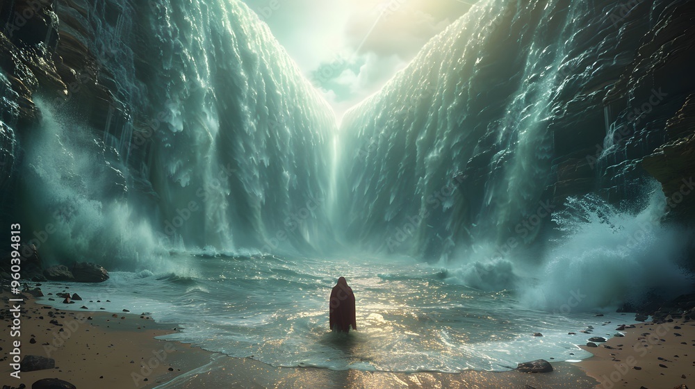 Obraz premium Show the powerful image of Moses at the forefront, leading the Israelites through the parted Red Sea, with towering water walls and a sky filled with radiant, divine light
