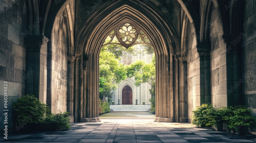 A church entrance with a beautiful archway, leading to a serene and peaceful interior. A church entrance with a beautiful archway, leading to a serene and peaceful interior.