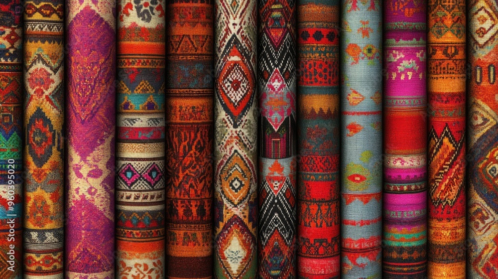 High-resolution digital depiction of Peruvian fabric patterns with rich textures and colorful designs, ideal for high-quality prints