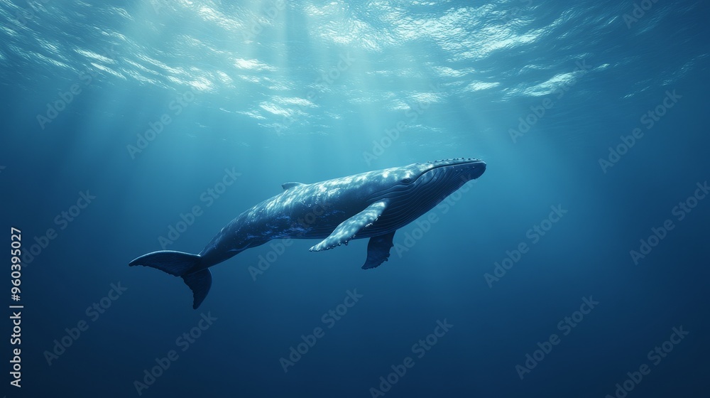 Fototapeta premium A serene underwater scene featuring a whale swimming gracefully in the deep blue ocean illuminated by sunlight.