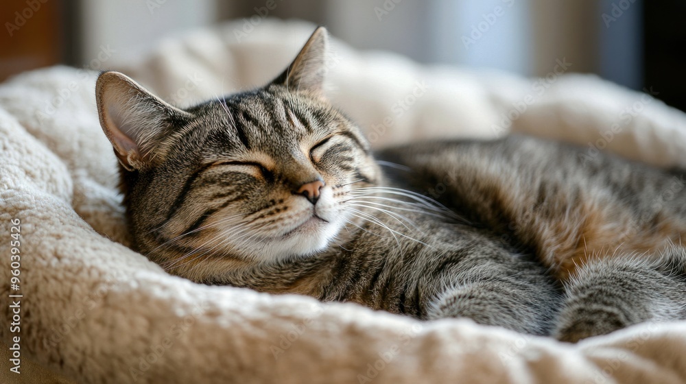 Cat with a disability resting comfortably on a soft cushion, relaxed and content, peaceful and serene home environment Cat with a disability resting comfortably on a soft cushion, relaxed and content, peaceful and serene home environment