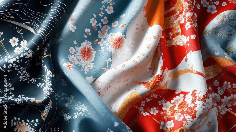 Fototapeta premium High-resolution digital rendering of traditional Japanese fabric patterns, showcasing delicate designs and vibrant colors for textile use