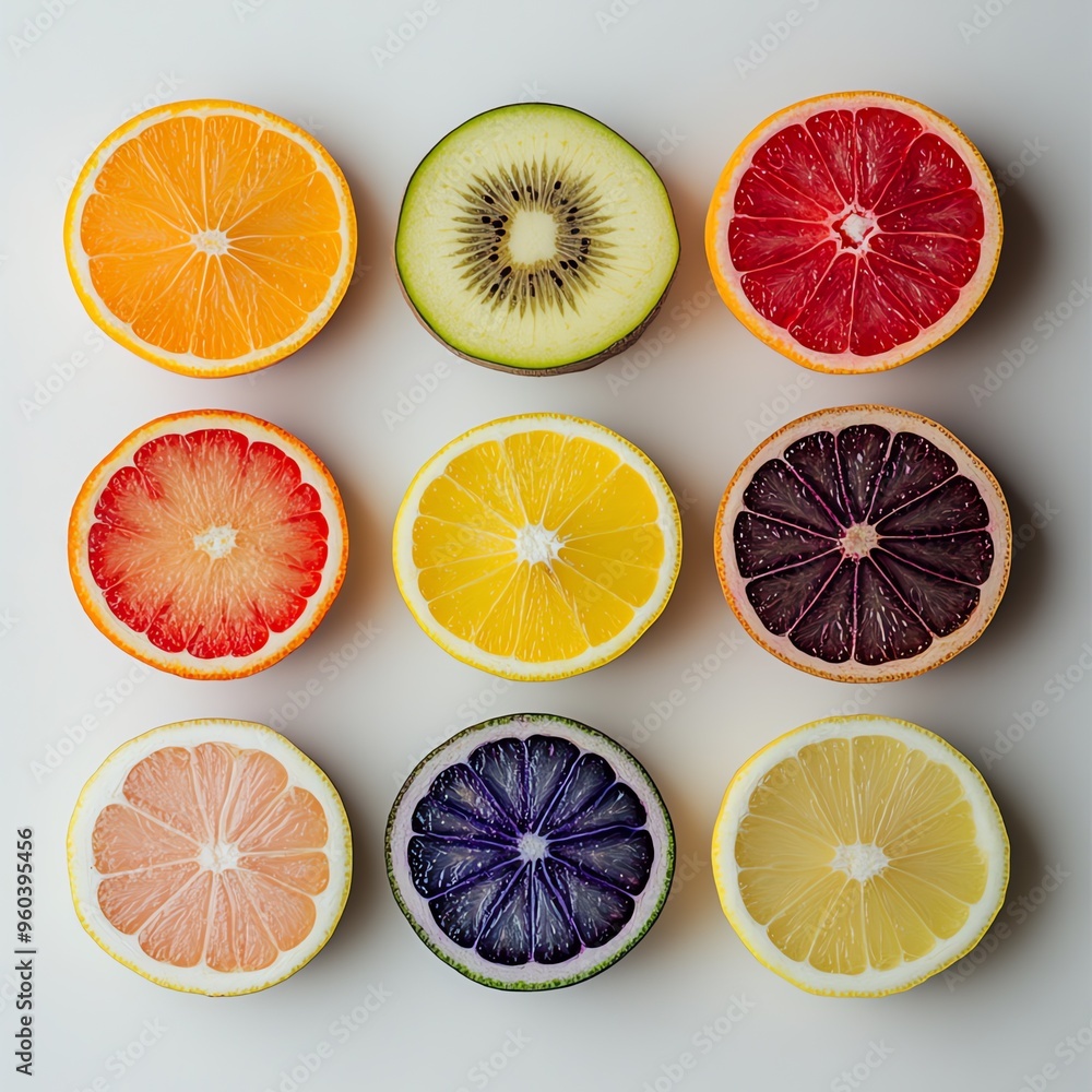 tranches d'agrumes variés sur fond blanc, différents fruits coupés tranches d'agrumes variés sur fond blanc, différents fruits coupés
