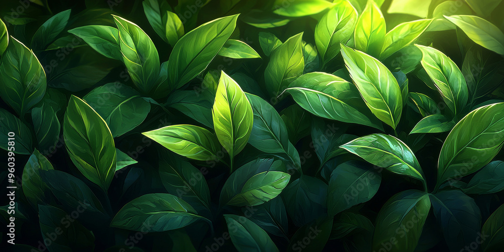 Fototapeta premium A lush green foliage with sunlight illuminating the leaves, creating a vibrant and refreshing scene.