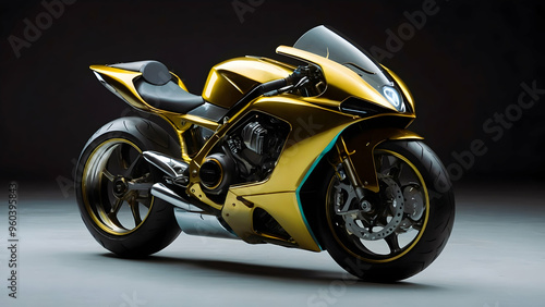 A futuristic motorcycle with a gold and black color scheme, featuring a low-slung design and aerodynamic elements.