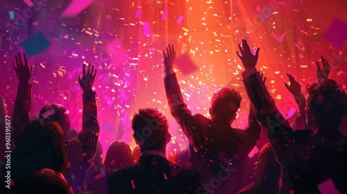 A crowd of people dance and celebrate under colorful lights and confetti. photo