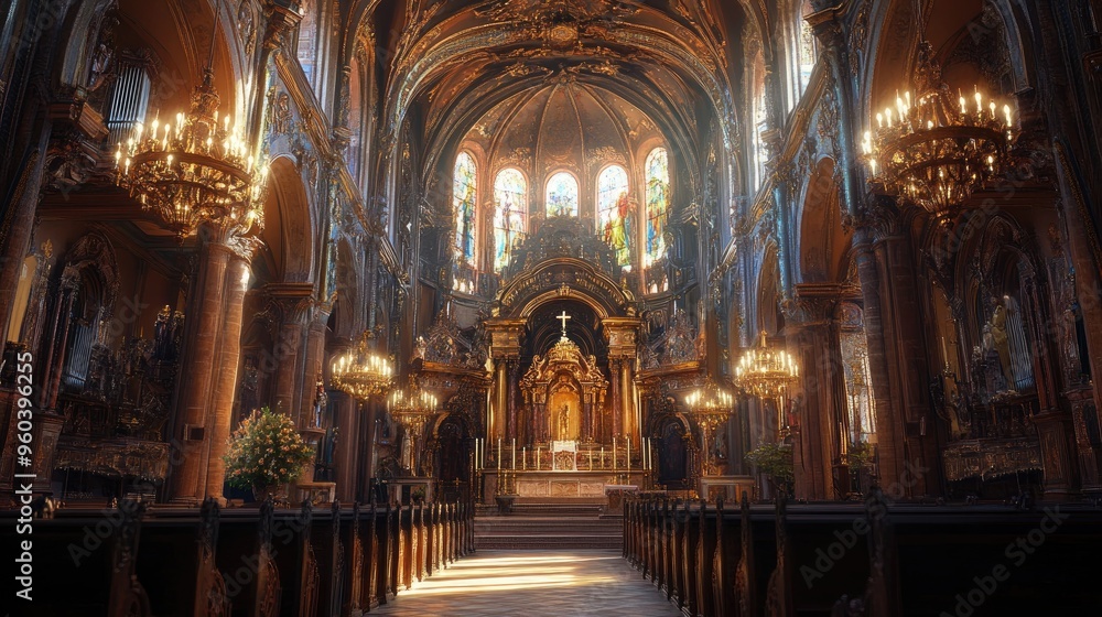 Fototapeta premium A church interior with ornate chandeliers, high ceilings, and a central aisle leading to the altar.
