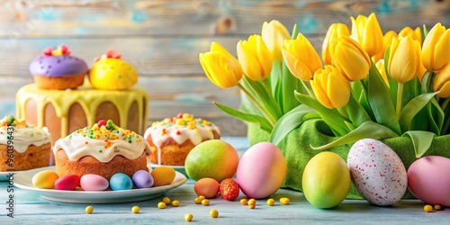 A festive Easter scene with yellow tulips, colorful eggs, and traditional cakes
