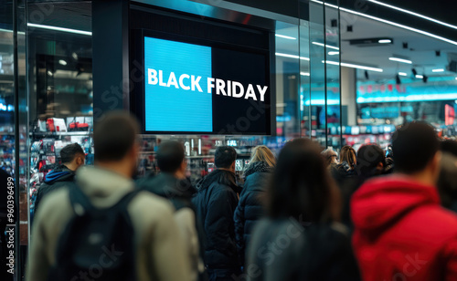 A crowd of shoppers in a mall looks at a large screen with the text "Black Friday". Consumerism concept. Sales and discounts. 