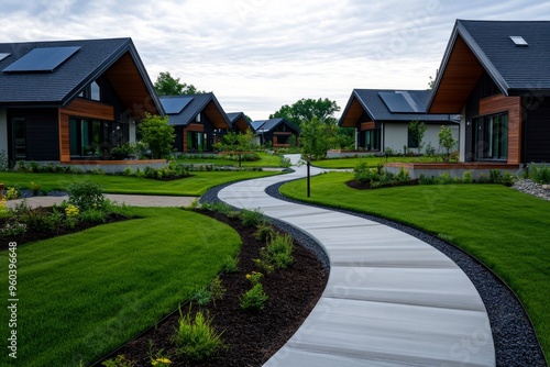 New building, eco-village, sustainable living community prioritizes environmental stewardship with energy-efficient homes and shared resources photo