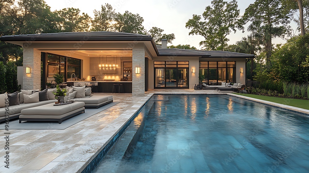 Fototapeta premium A luxurious outdoor resort space with travertine pavers, a stylish cabana beside a crystal-clear pool, plush seating with neutral tones, an outdoor kitchen with marble countertops,