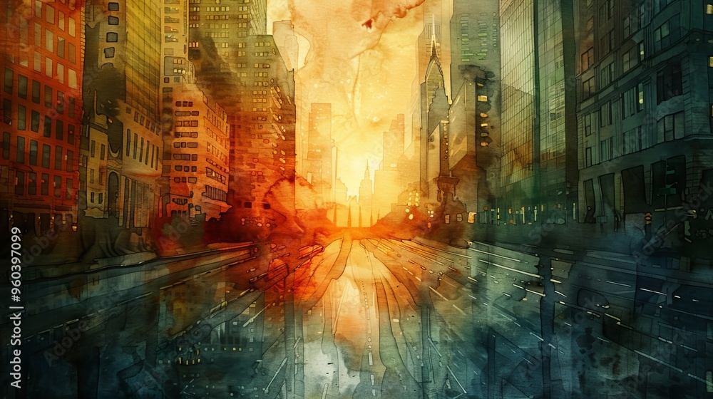 A fiery sunset casts an orange glow over a city street, reflecting in a water channel. Buildings line the street, creating a sense of urban decay. A fiery sunset casts an orange glow over a city street, reflecting in a water channel. Buildings line the street, creating a sense of urban decay.