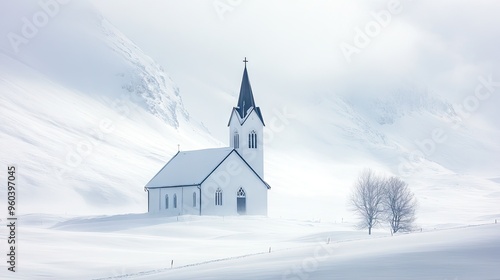 A church nestled in a snow-covered landscape, with its steeple rising above the white surroundings.