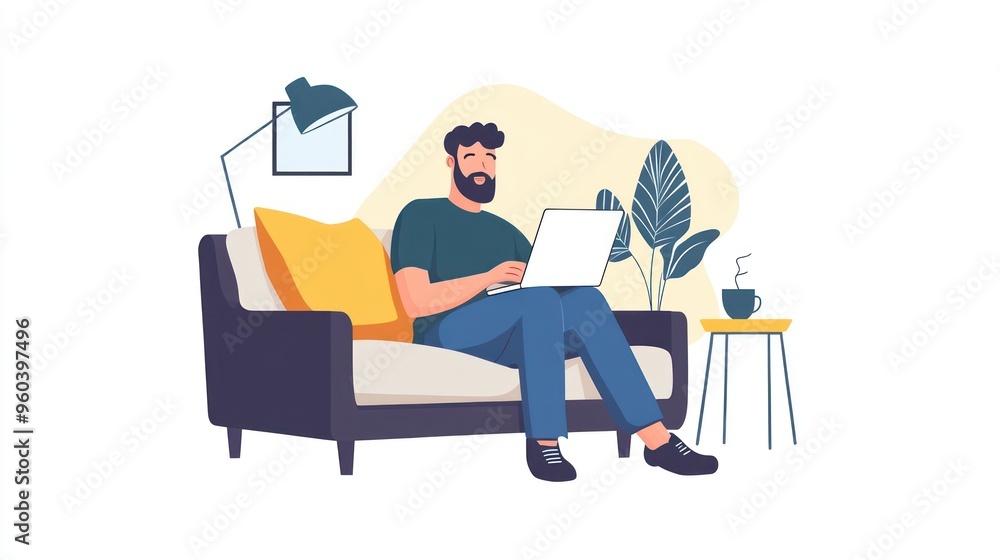 Man using laptop while having coffee in living room Man using laptop while having coffee in living room