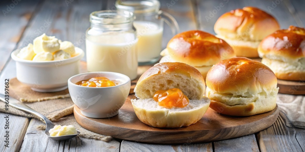 Freshly baked milk buns with a generous spread of butter and marmalade, perfect for a delicious breakfast treat Freshly baked milk buns with a generous spread of butter and marmalade, perfect for a delicious breakfast treat