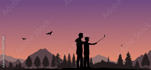 Vektor Körper Silhouette - Vater und Sohn - Selfie mit dem Selfiestick - Gemeinsame Zeit in der beeindruckenden Natur - Landschaft mit Bergen und Bäumen
