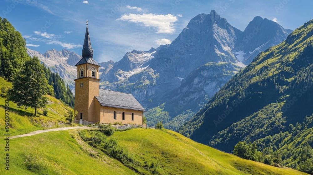 Fototapeta premium A church nestled in a valley, surrounded by mountains and a clear blue sky.