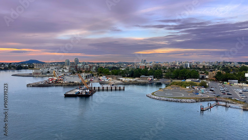 Victoria, British Columbia, seen from a docked cruise ship after sunset on a summer evening