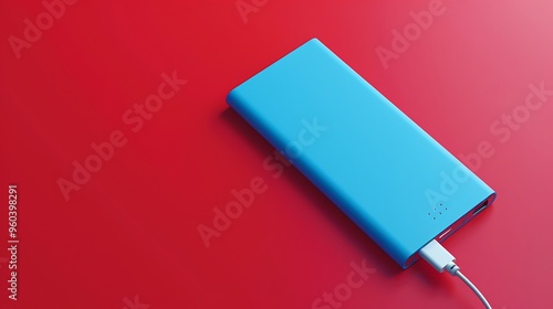 Blue smart phone charger with power bank battery bank on a red background