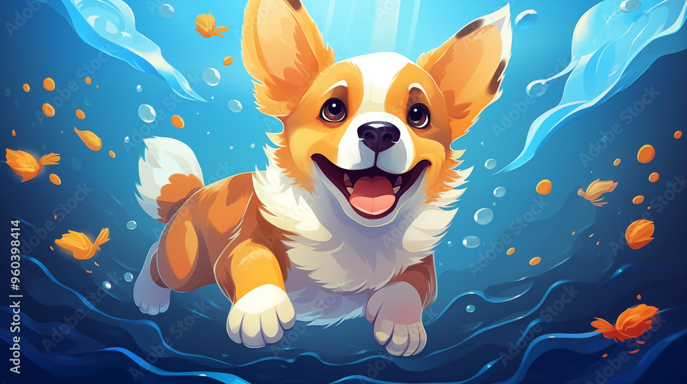 Illustration et dessin d'un petit corgi qui nage dans l'océan. Petit chien, animal de compagnie, animal domestique. Mignon, chiot, animaux. Pour conception et création graphique. Illustration et dessin d'un petit corgi qui nage dans l'océan. Petit chien, animal de compagnie, animal domestique. Mignon, chiot, animaux. Pour conception et création graphique.