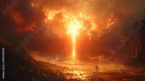 Visualize the moment of deliverance as Moses leads the Israelites through the colossal walls of the parted Red Sea, the dry ground beneath them illuminated by a gentle, divine light