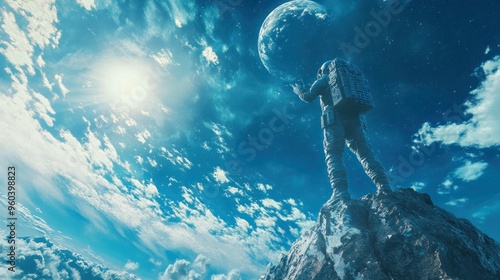 Epilogue scene of a peaceful Earth, a new space program being developed, a statue commemorating the brave team that saved the world, symbolizing hope and resilience