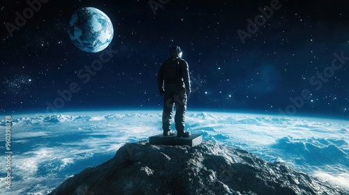 Epilogue scene of a peaceful Earth, a new space program being developed, a statue commemorating the brave team that saved the world, symbolizing hope and resilience