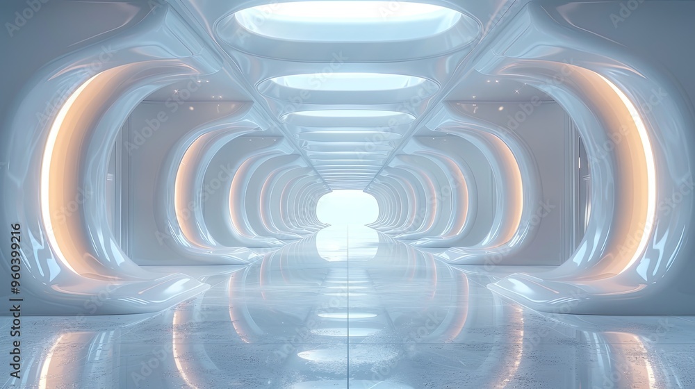 Obraz premium Futuristic interior design in white tones. Technologies of the future made of plastic. 3D illustration