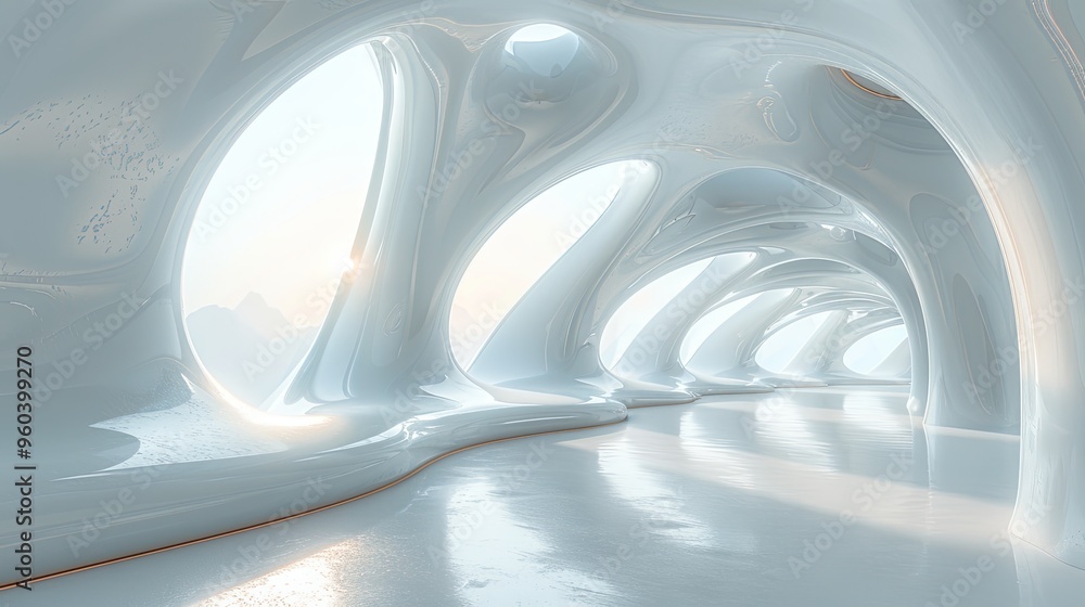 Futuristic interior design in white tones. Technologies of the future made of plastic. 3D illustration Futuristic interior design in white tones. Technologies of the future made of plastic. 3D illustration