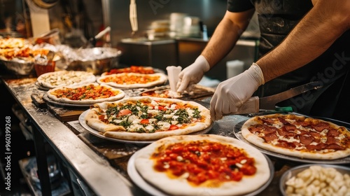 A selection of gourmet pizzas with various fresh toppings on display at a pizzeria, showcasing a delicious variety of flavors and ingredients..