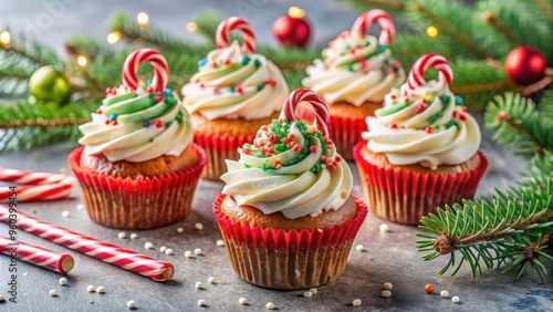 Festive Christmas cupcakes topped with candy canes and bright sprinkles