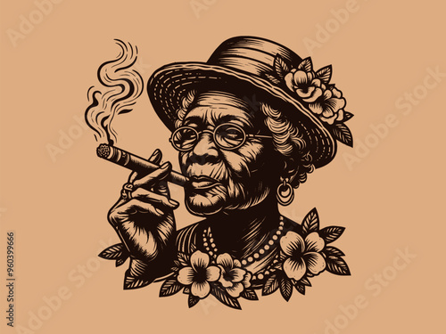 An elderly Caribbean Cuban woman smokes a cigar. Vintage retro illustration. Emblem, logo, print. Sketch, engraving