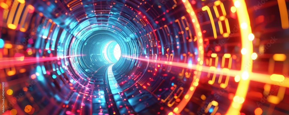 Obraz premium A vibrant digital tunnel illuminated with glowing numbers and light trails, representing advanced technology and future concepts.