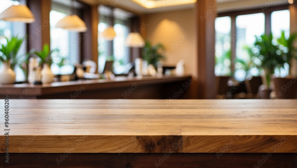 The empty wooden table top with blur background of hotel lobby. For product display The empty wooden table top with blur background of hotel lobby. For product display