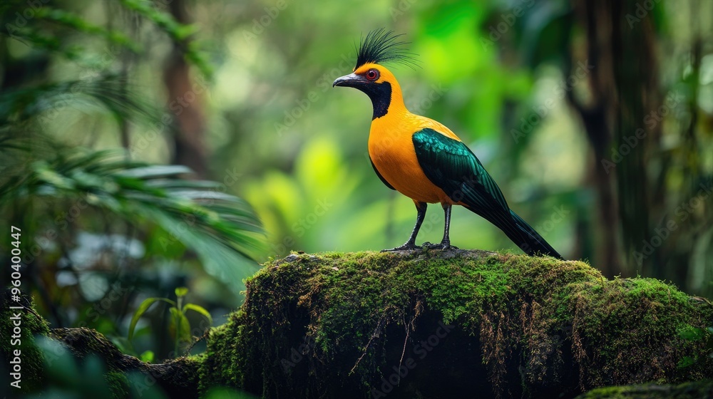 Fototapeta premium A vibrant orange bird with green and black wings perches on a mossy rock in a dense, misty forest..
